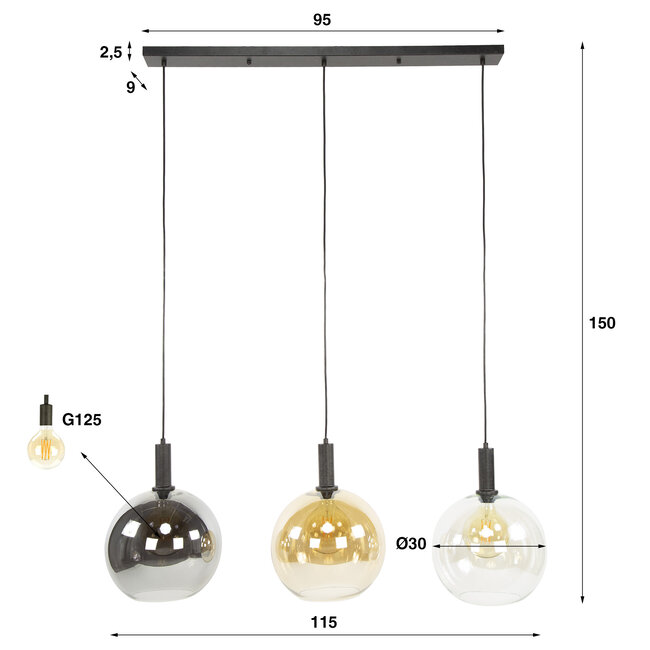 WoonStijl Hanglamp 3L Sfera tricolore artic zwart