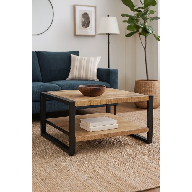 Benoa Salontafel vierkant 80 cm Industrial Mango met onderblad