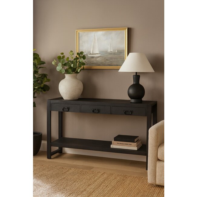 Benoa Sidetable zwart mango met 3 lades en onderblad 150 cm