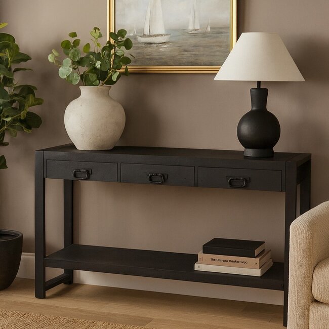 Benoa Sidetable zwart mango met 3 lades en onderblad 150 cm