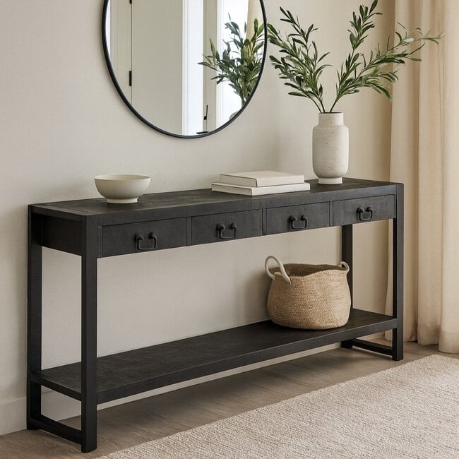 Benoa Sidetable mango met 4 lades en onderblad 180 cm zwart