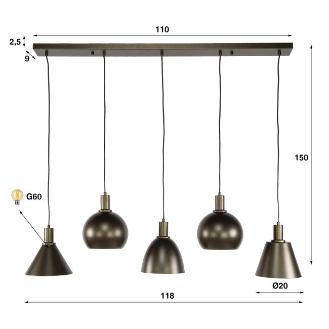 WoonStijl Hanglamp 5L Metallo mix Sienne bruin