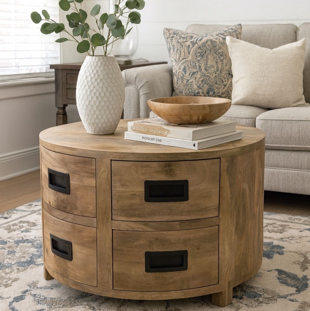 Salontafel Novelle 80 cm – Rond mangohout met 4 lades | Benoa | Houten ...