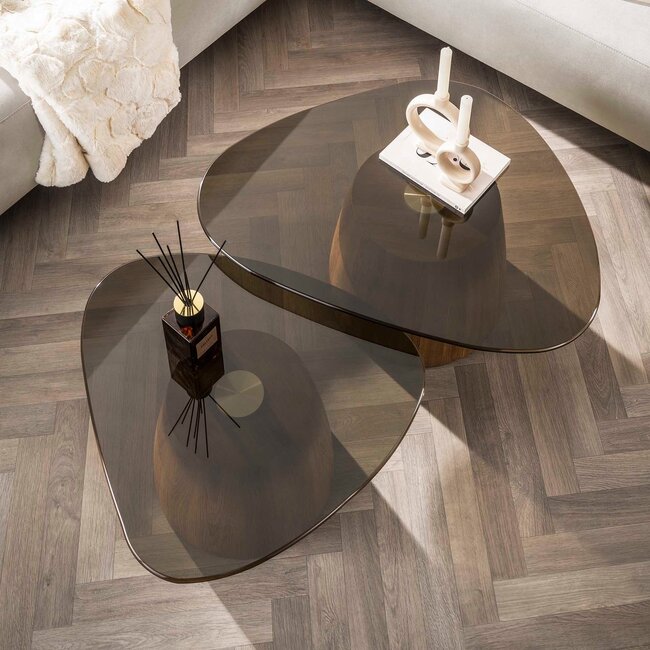 WoonStijl Salontafel Tinto driehoekig set set van 2 salontafels met brons glas