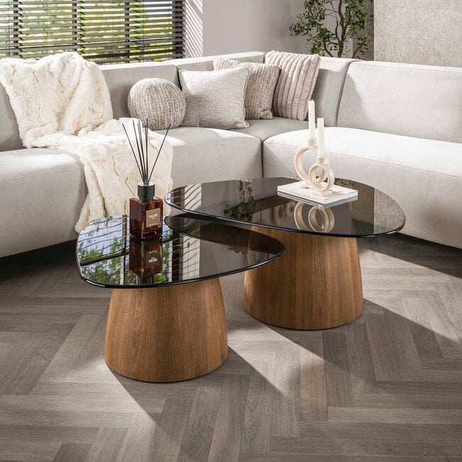 WoonStijl Salontafel Tinto driehoekig set set van 2 salontafels met brons glas