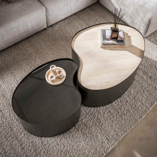 WoonStijl Salontafel Metal organisch set van 2  keramiek travertin