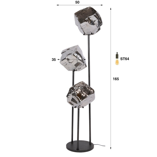 WoonStijl Vloerlamp Rock getrapt 3-lichts Chroom glas