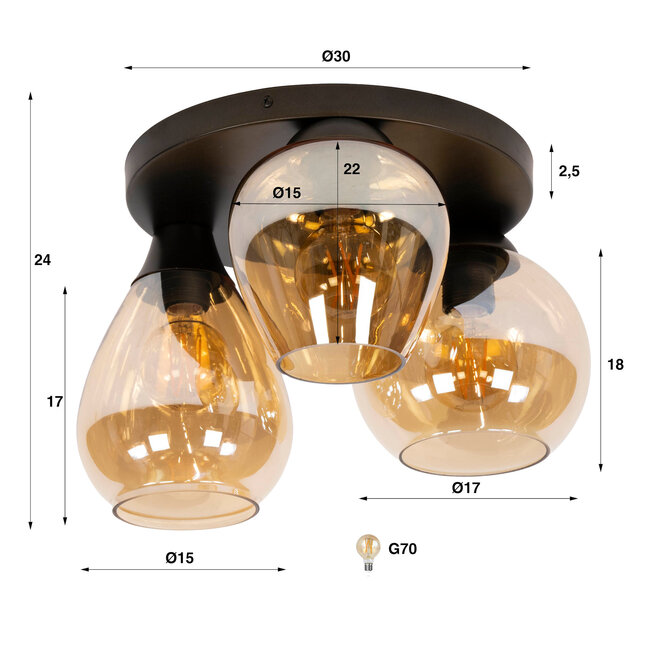 WoonStijl Plafondlamp Mix 3-lichts Amber glas