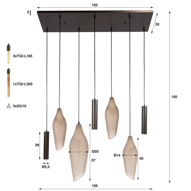 WoonStijl Hanglamp Cocoon pendel 4+3-lichts Sienna bruin-frosted
