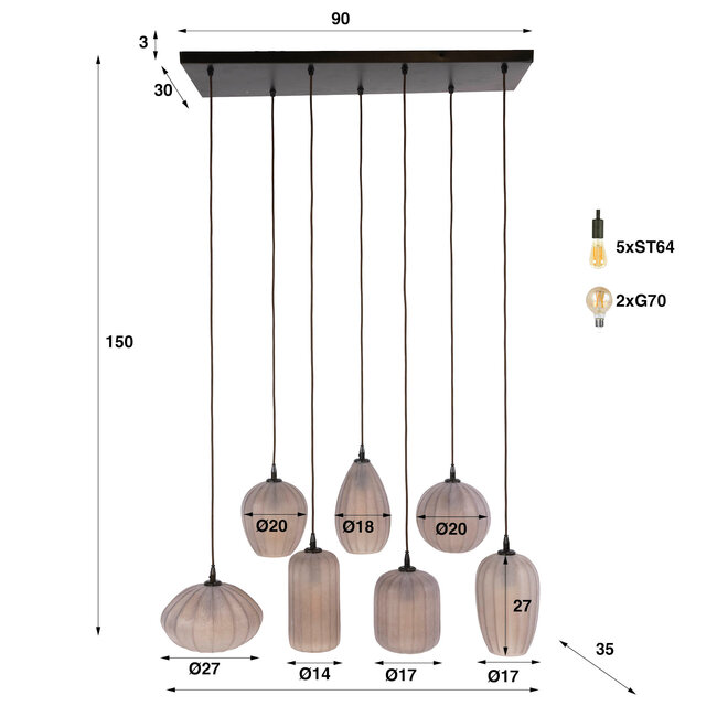 WoonStijl Hanglamp Altura 4+3-lichts Sienna bruin-frosted