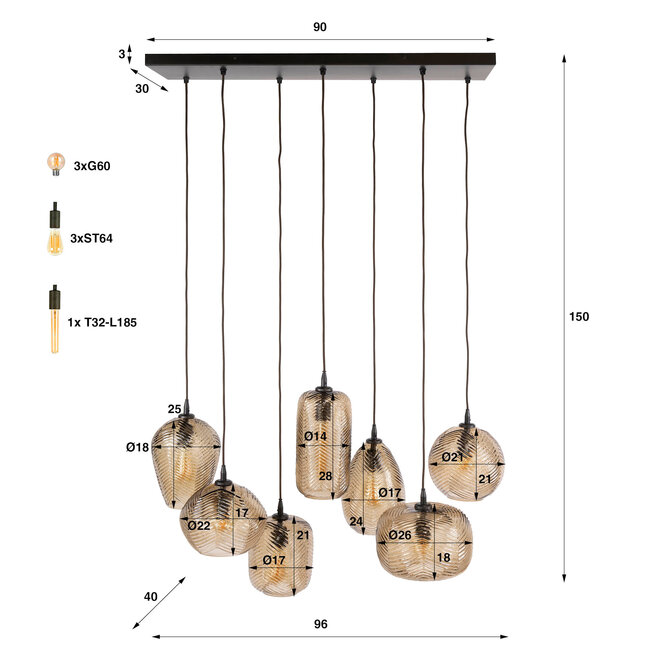 WoonStijl Hanglamp Chevron 4+3-lichts Smoke bruin glas