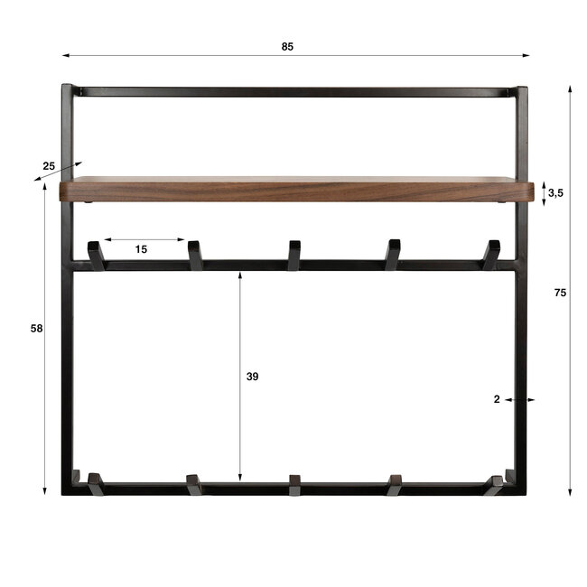 WoonStijl Kapstok Air Solid hoog 2x6 haken acacia bruin