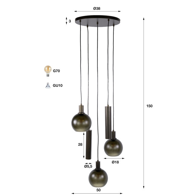 WoonStijl Hanglamp Sfera Tricolore getrapt 5-lichts Sienna bruin