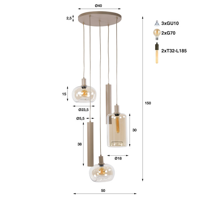 WoonStijl Hanglamp Serene getrapt 5-lichts beige