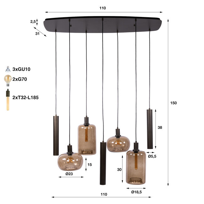 WoonStijl Hanglamp Serene 4+3-lichts Sienna Bruin