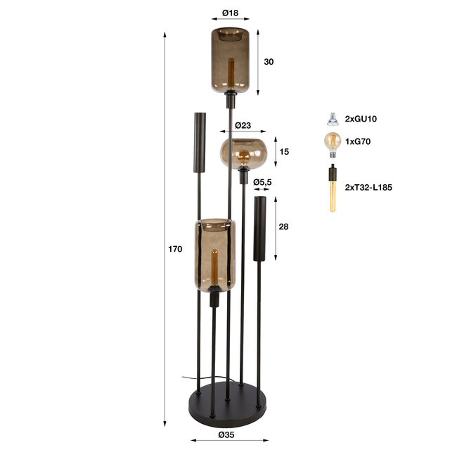 WoonStijl Vloerlamp Serene switch getrapt 2+3-lichts Sienna bruin