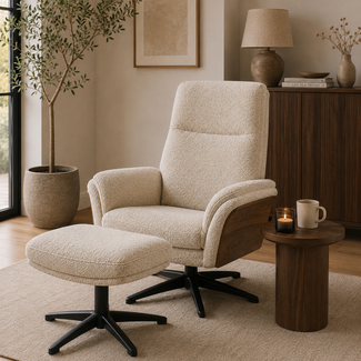 Label51 Relaxfauteuil Zenza + Hocker Naturel Royal Boucle | Walnoot Eiken