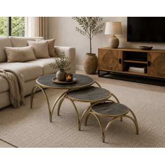 Benoa Set van 3 salontafels Round met zwart mangohouten blad