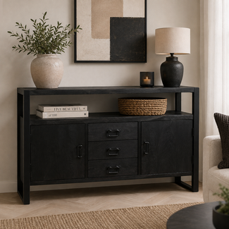 Benoa Dressoir industrial 2 deurs zwart mango met 3 lades