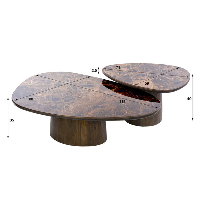 WoonStijl Salontafel Empera driehoekig set van 2 Keramiek dark emperador