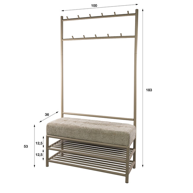 WoonStijl Garderobebank Luno 6+5 haken Beige