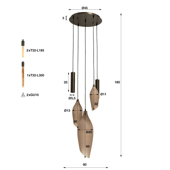 WoonStijl Hanglamp Cocoon pendel getrapt 5-lichts Sienna bruin-frosted