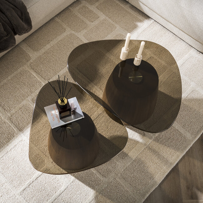 WoonStijl Salontafel Tinto driehoekig set set van 2 salontafels met brons glas