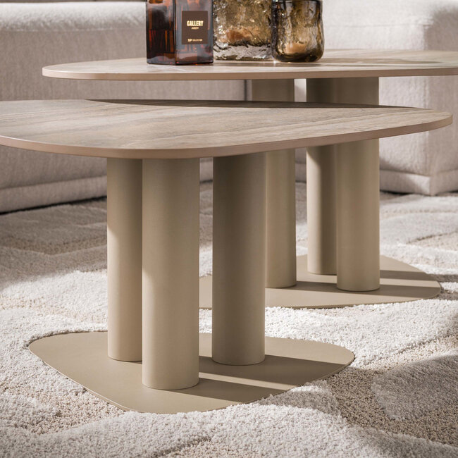 WoonStijl Salontafel Selvo driehoekig set van 2 - 3D travertin zand