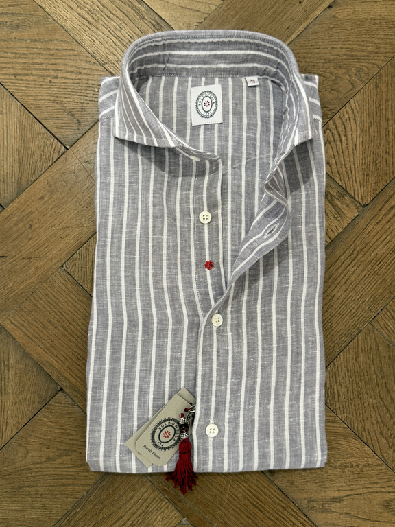Bolzonella BOLZONELLA Linen Shirt - Grey White Stripes