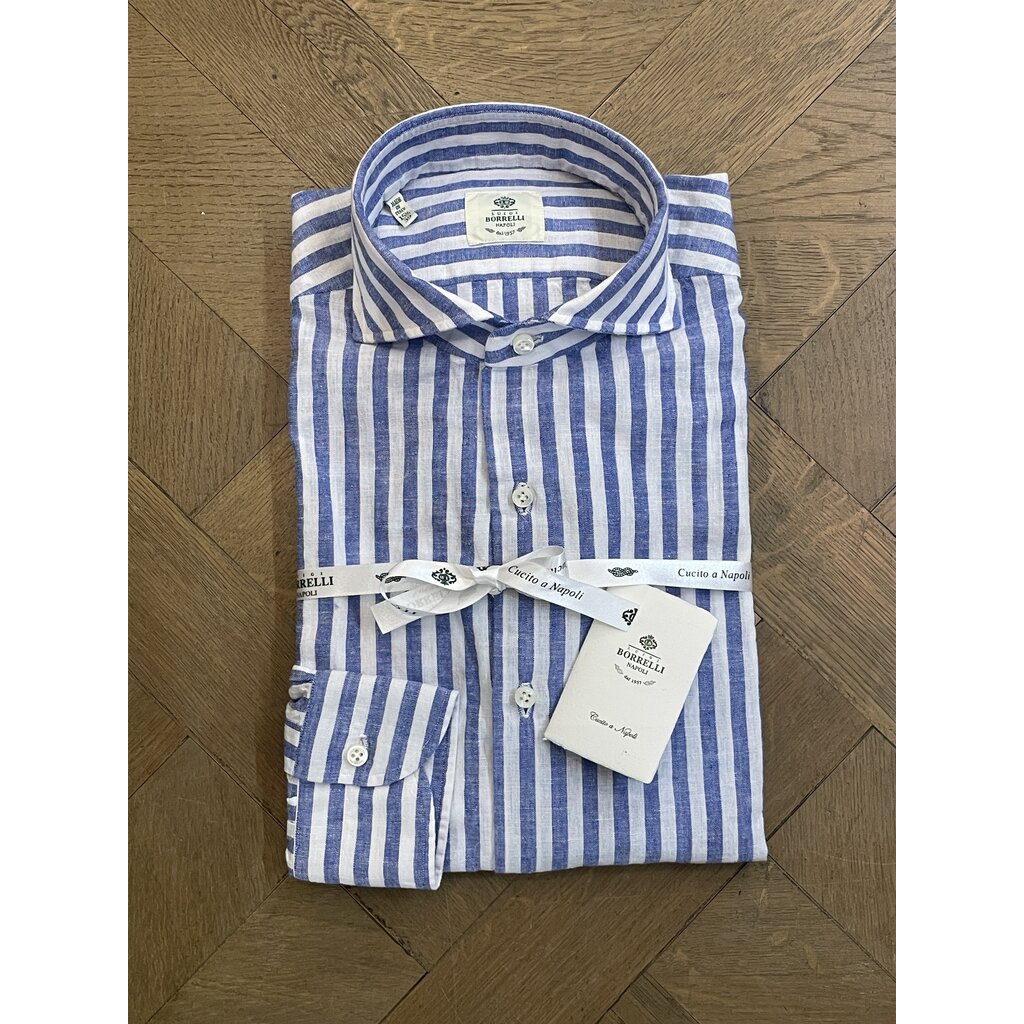 Borrelli Borrelli white linen shirt with wide blue stripes  SR11005