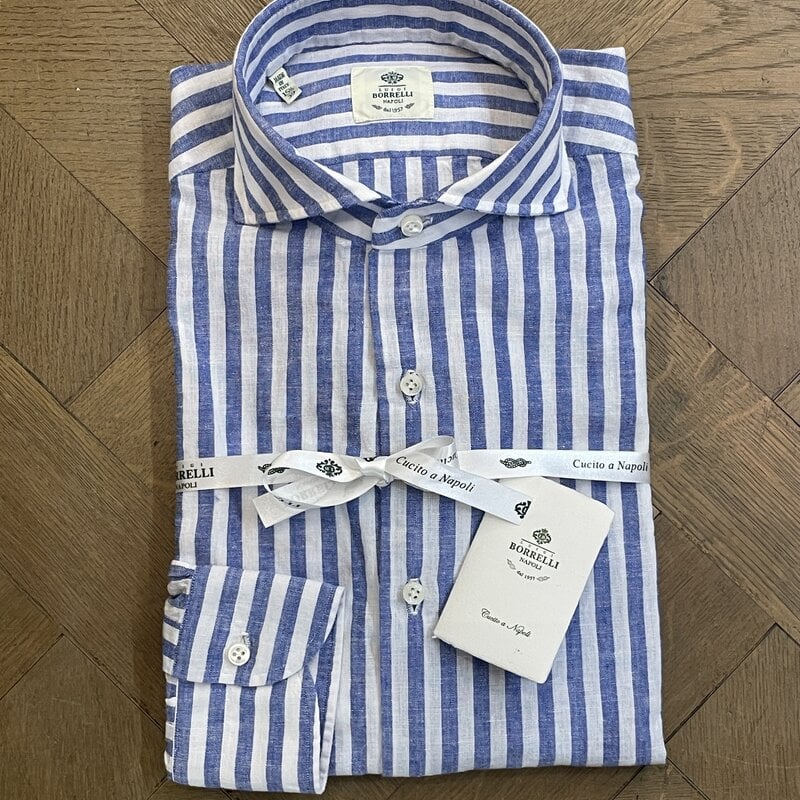 Borrelli Borrelli White linen shirt with wide blue stripes