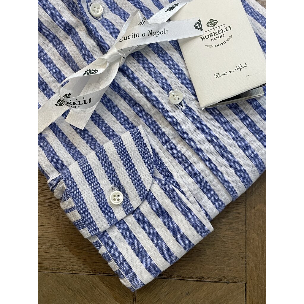 Borrelli Borrelli white linen shirt with wide blue stripes  SR11005