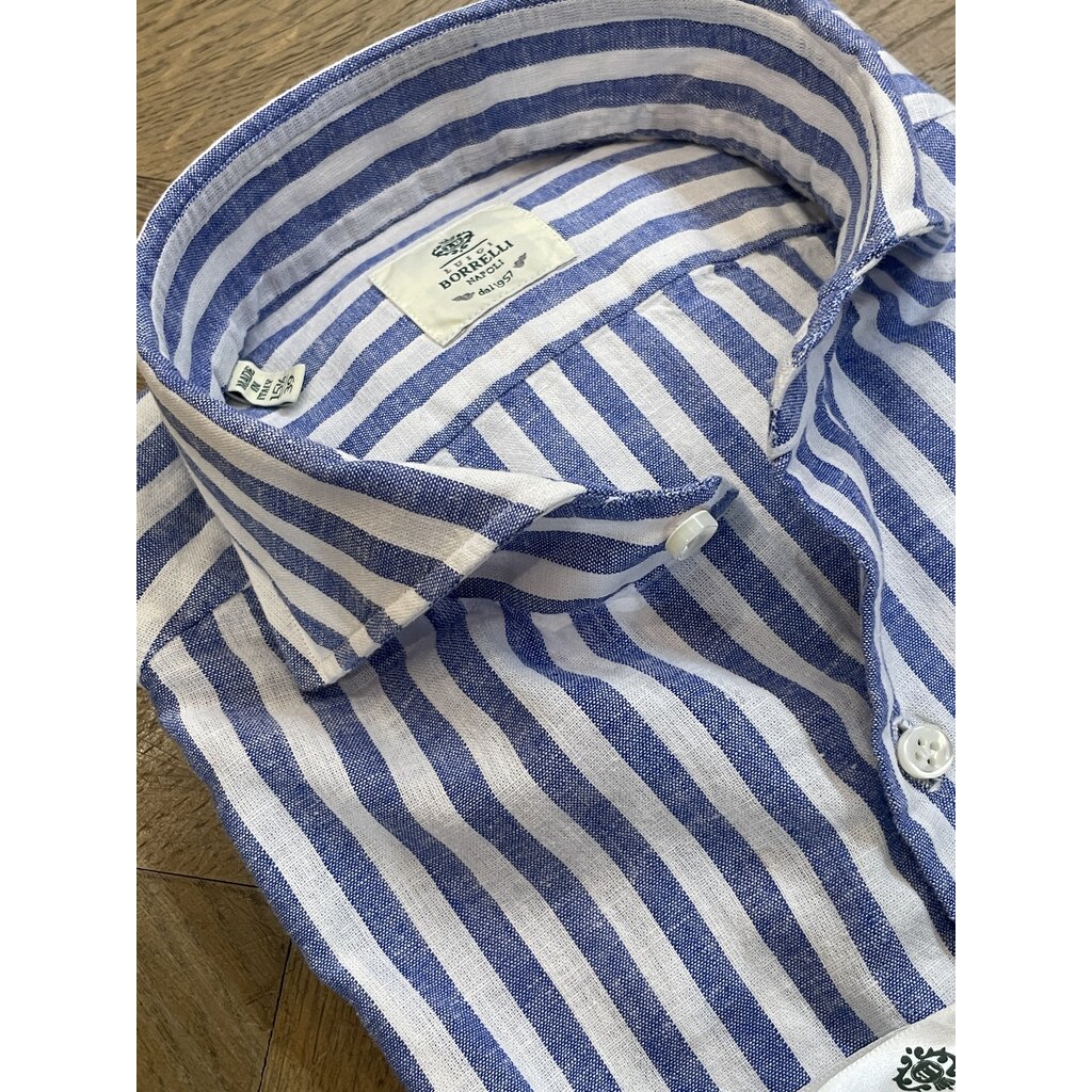 Borrelli Borrelli white linen shirt with wide blue stripes  SR11005