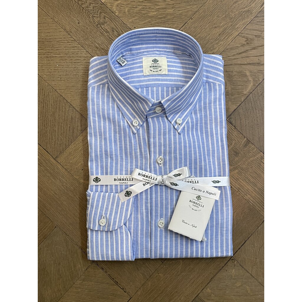 Borrelli Chemise Borrelli en lin Bleu col boutonné  à rayures blanches SR11005