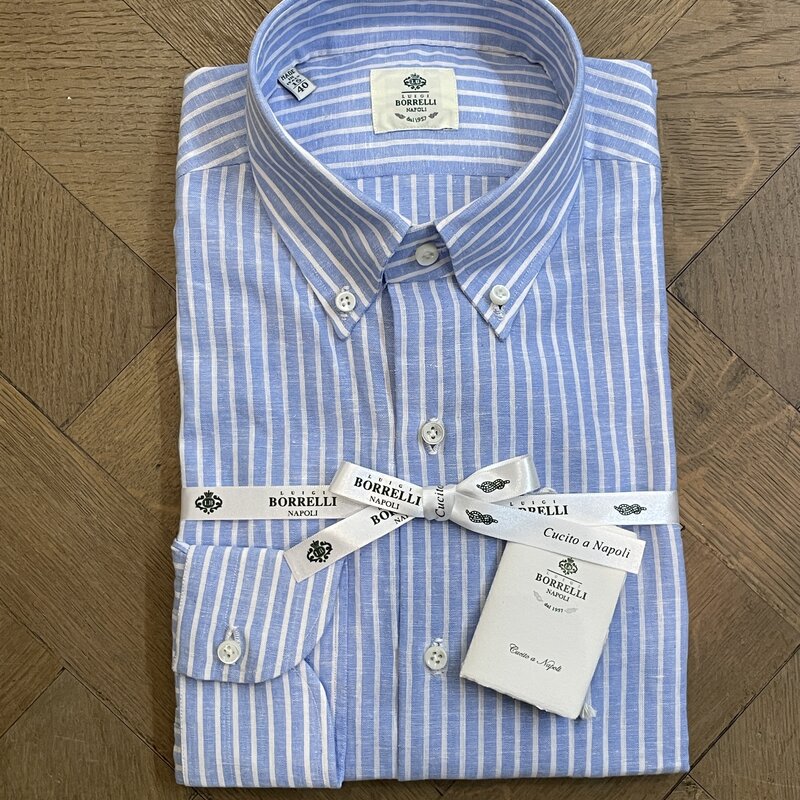 Borrelli Borrelli Blue linen button-down collar shirt with white stripes