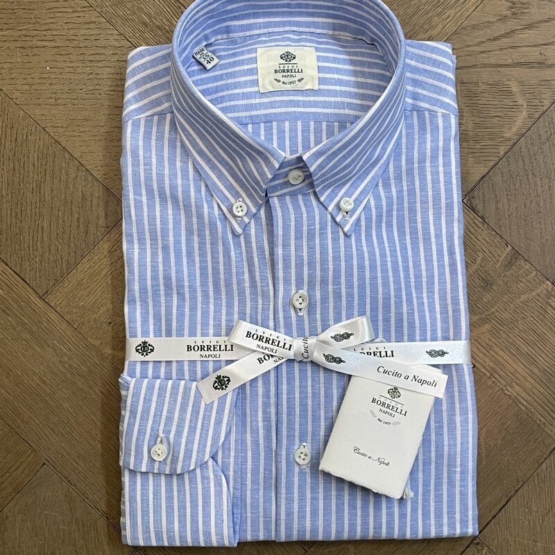 Borrelli Chemise Borrelli en lin Bleu col boutonné  à rayures blanches