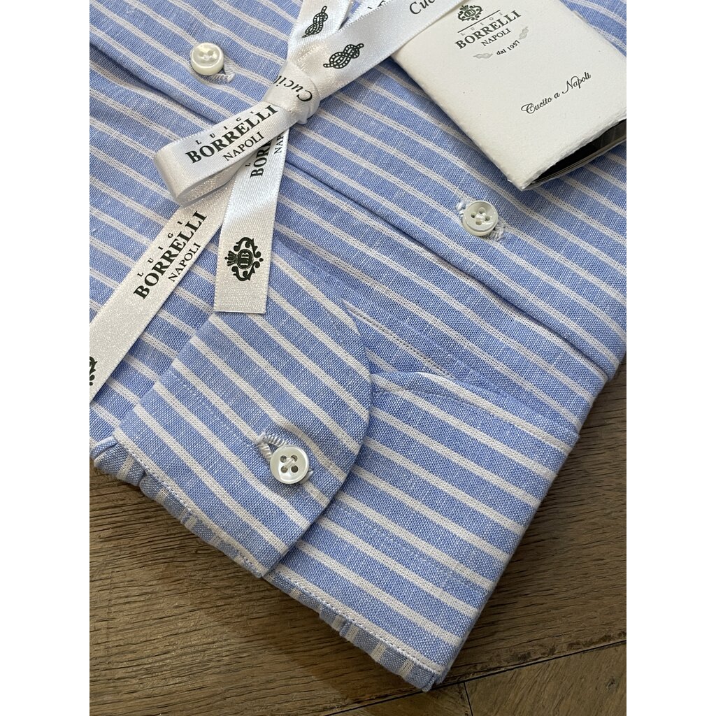 Borrelli Borrelli Blue linen button-down collar shirt with white stripes SR11005