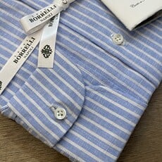 Borrelli Borrelli Blue linen button-down collar shirt with white stripes SR11005