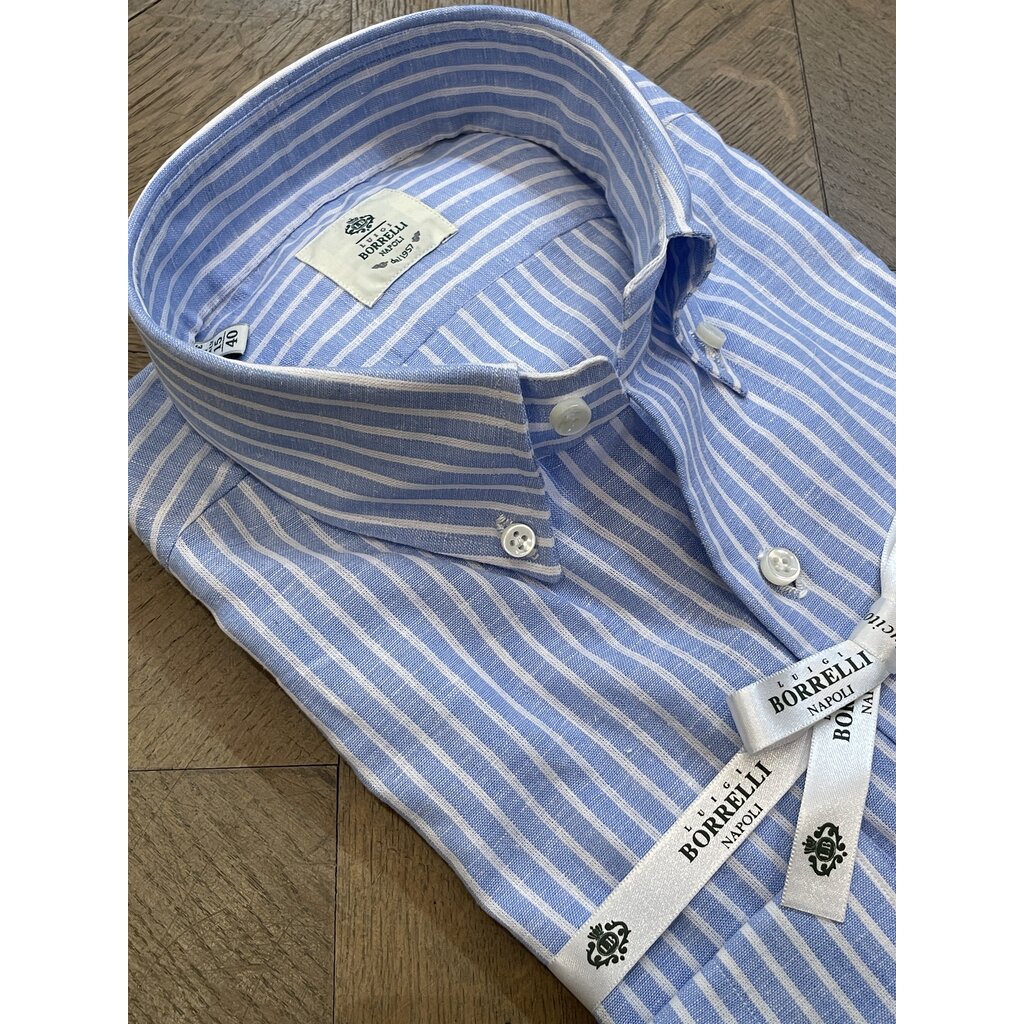 Borrelli Borrelli Blue linen button-down collar shirt with white stripes SR11005