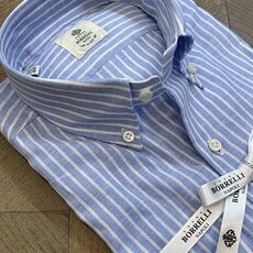 Borrelli Borrelli Blue linen button-down collar shirt with white stripes SR11005