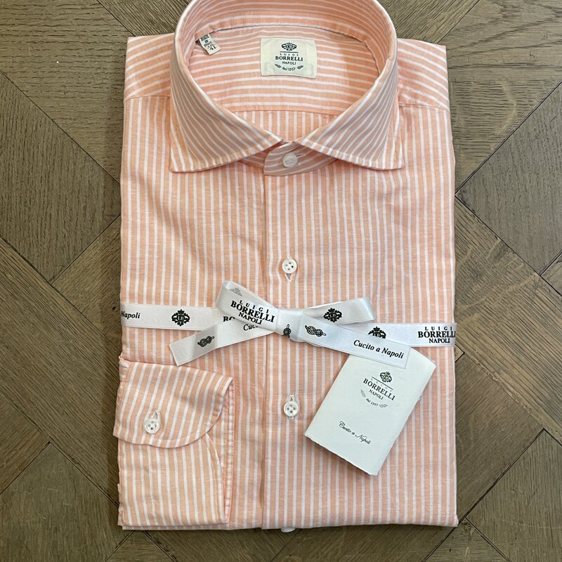 Borrelli Borrelli orange linen shirt with small white stripes