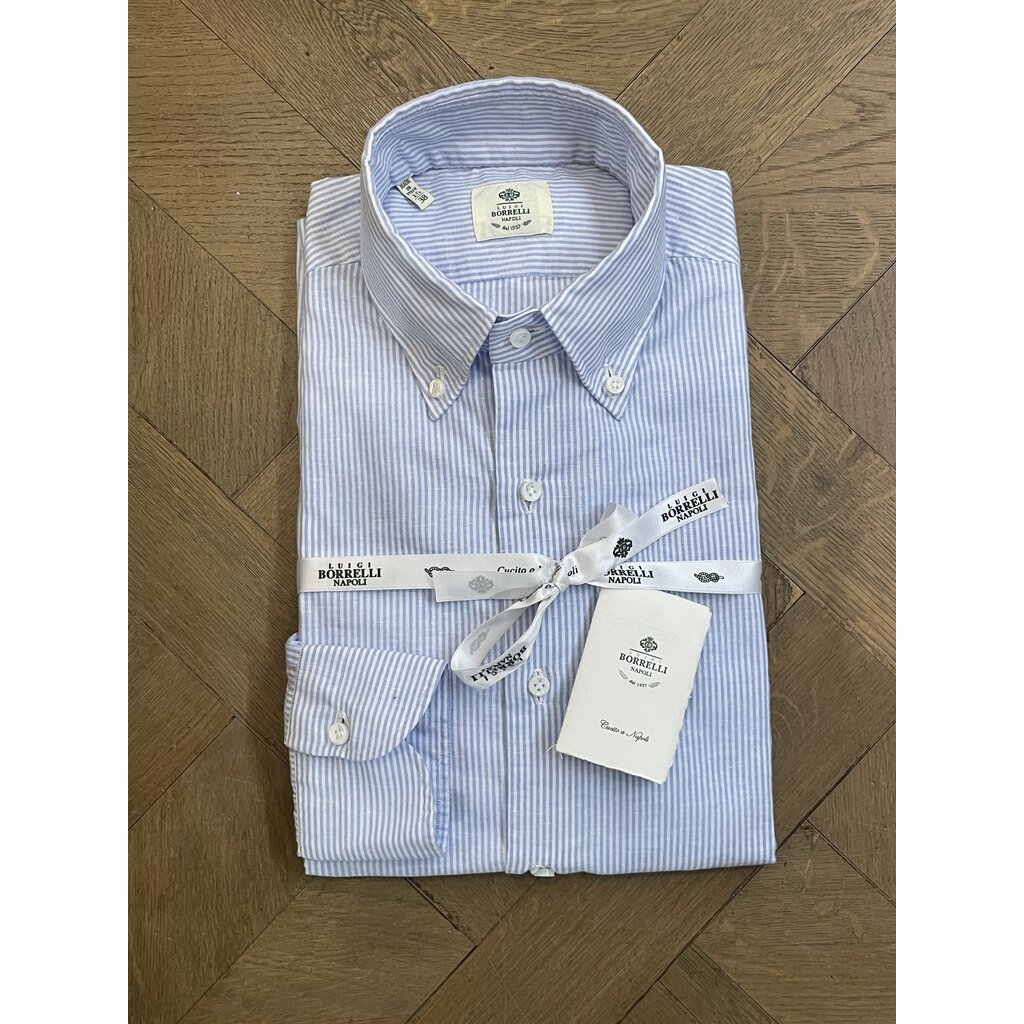 Borrelli Borrelli Blue linen button-down collar shirt with small white stripes SR1806