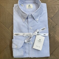 Borrelli Borrelli Blue linen button-down collar shirt with small white stripes SR1806