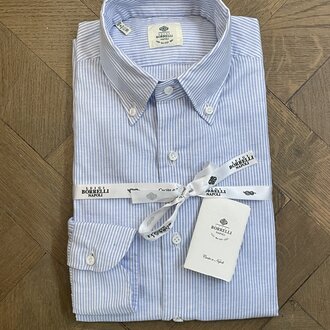 Borrelli Chemise Borrelli bleue en lin à col boutonné et fines rayures blanche