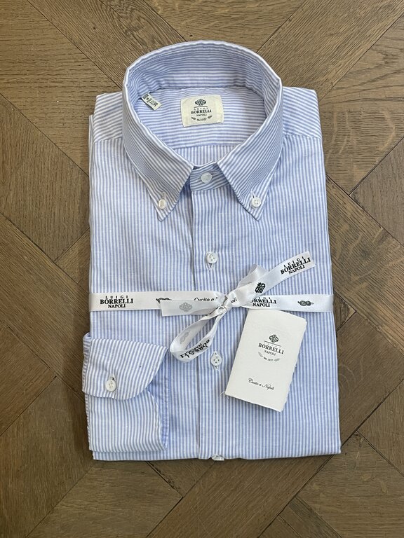 Borrelli Chemise Borrelli bleue en lin à col boutonné et fines rayures blanche SR1806