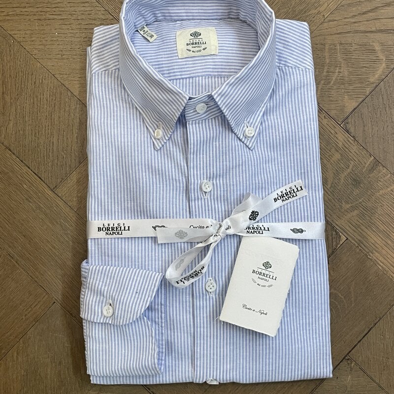 Borrelli Chemise Borrelli bleue en lin à col boutonné et fines rayures blanche