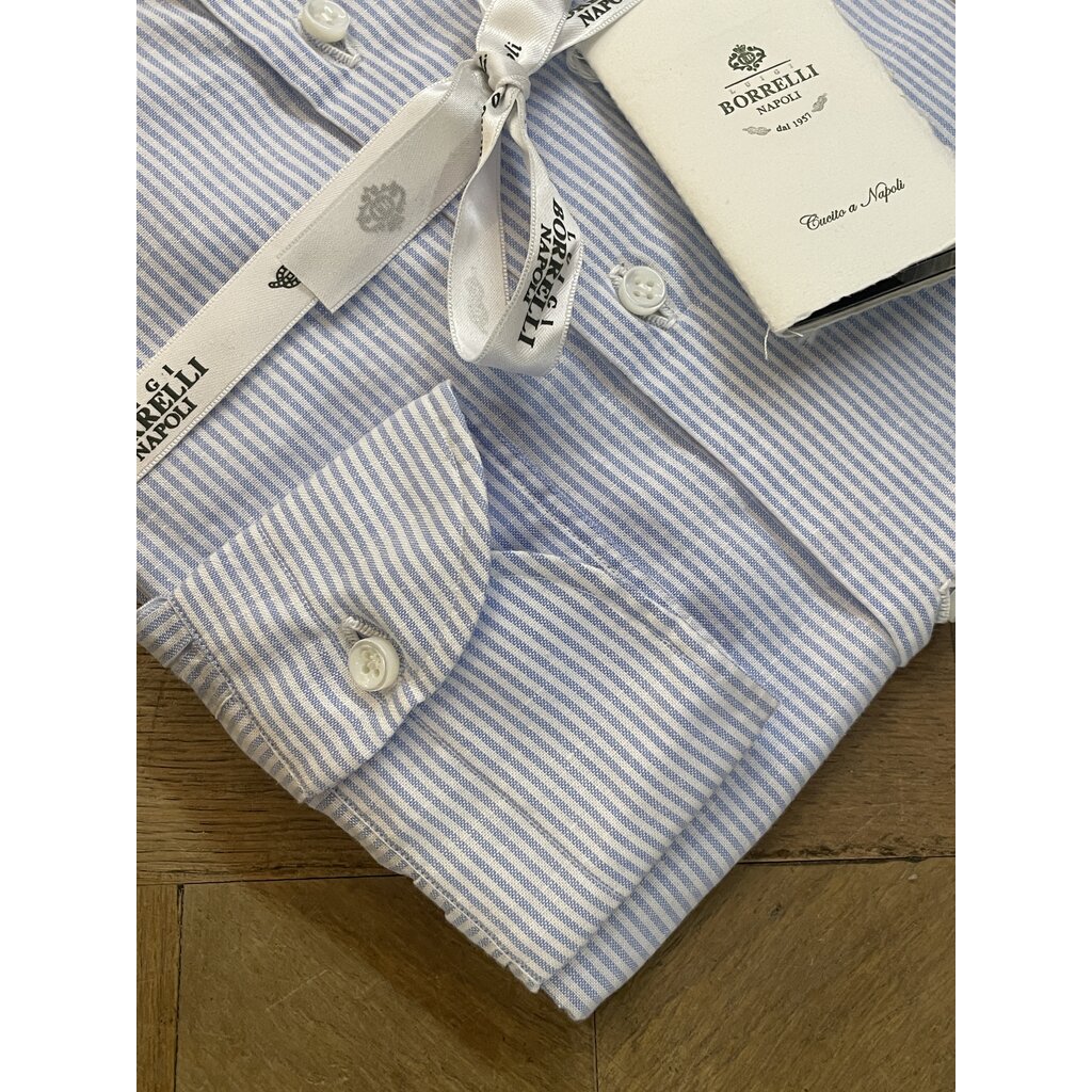 Borrelli Borrelli Blue linen button-down collar shirt with small white stripes SR1806