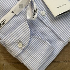 Borrelli Chemise Borrelli bleue en lin à col boutonné et fines rayures blanche SR1806