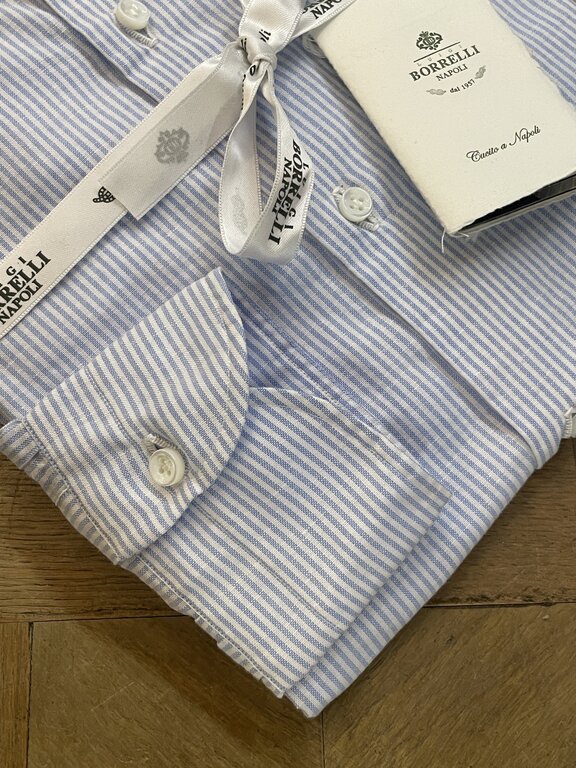 Borrelli Chemise Borrelli bleue en lin à col boutonné et fines rayures blanche SR1806