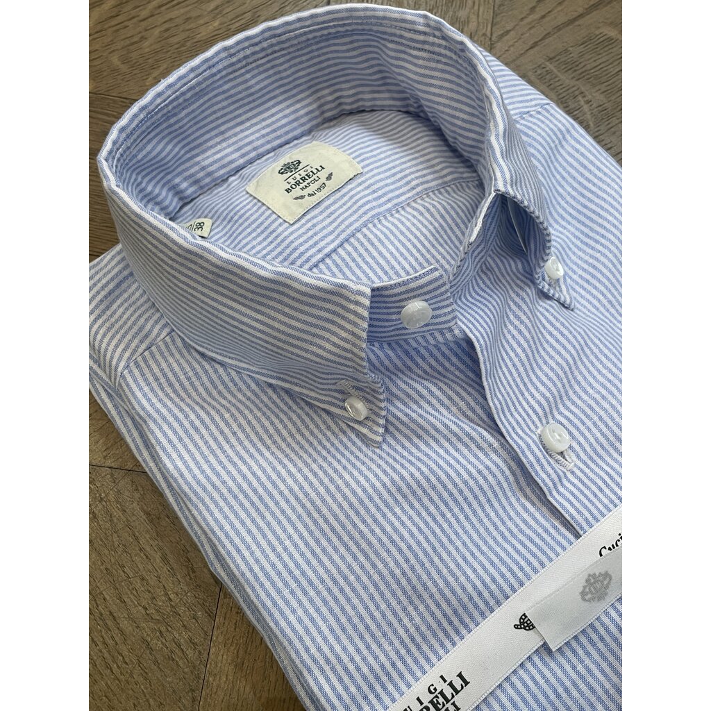 Borrelli Chemise Borrelli bleue en lin à col boutonné et fines rayures blanche SR1806